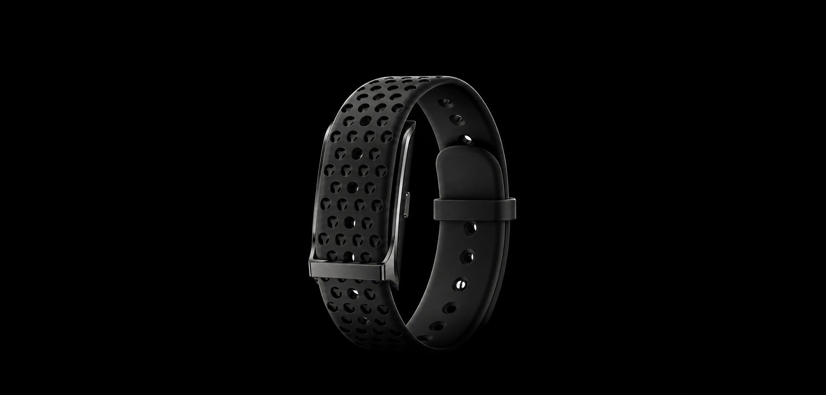 The PhenomeTech Band with the black Onyx sport strap, floating on black
