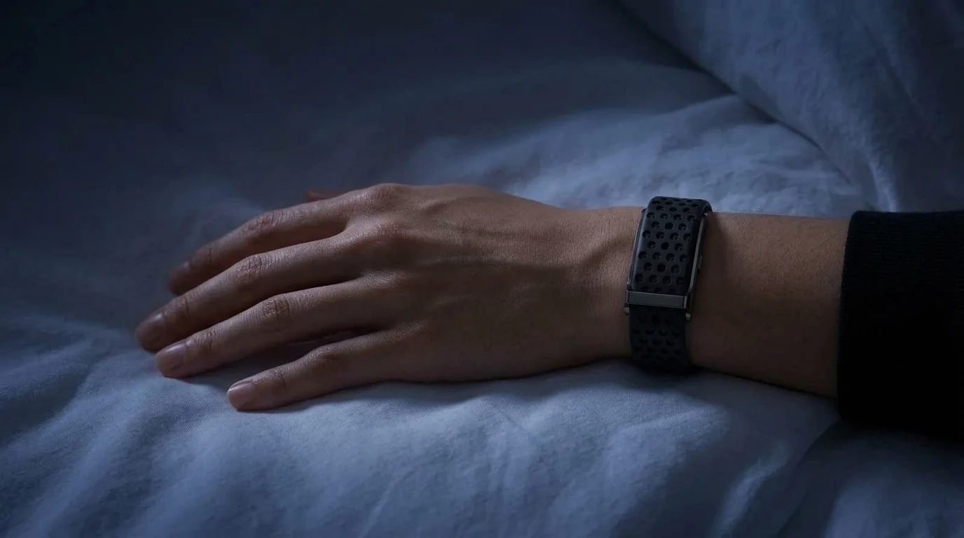 The PhenomeTech Band on a wrist resting on a bed at night