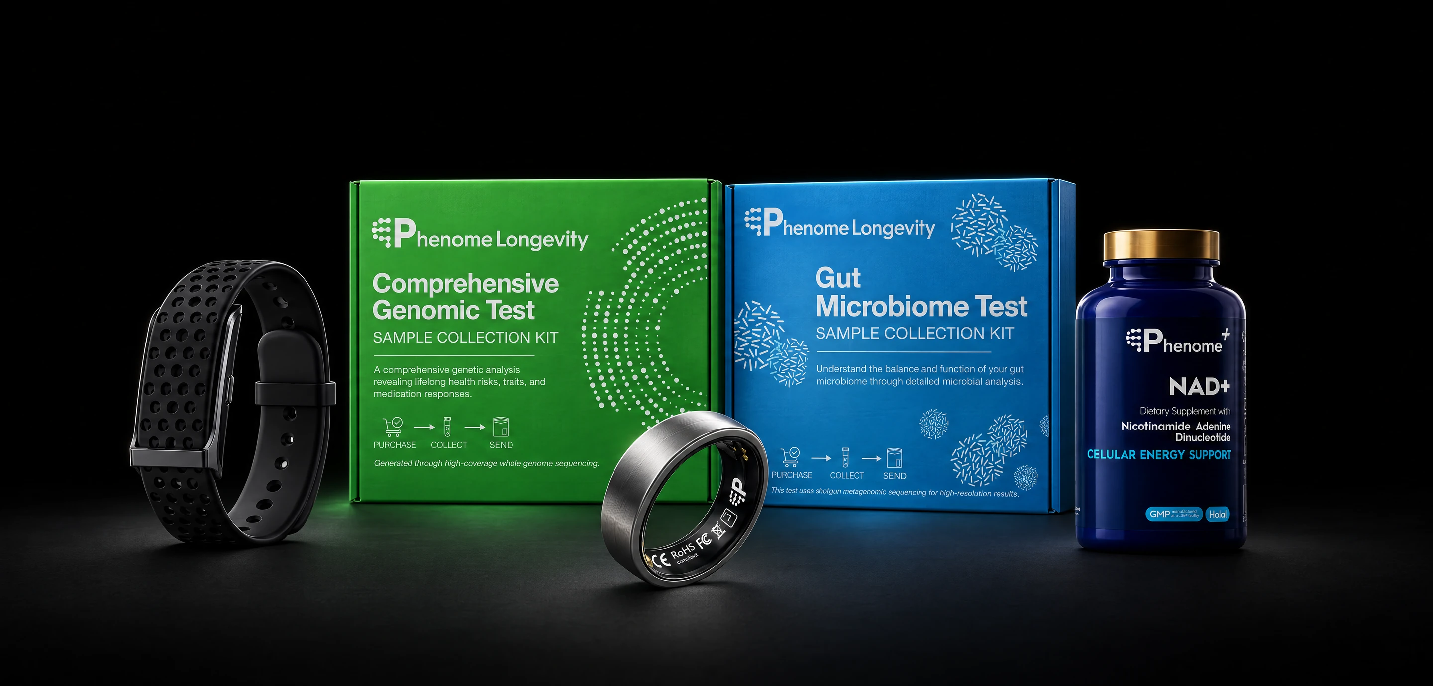 Siyah cam üzerinde Phenome ailesi: Kapsamlı Genomik ve Bağırsak Sağlığı Testi kutuları, PhenomeTech Band, PhenomeTech Ring ve bir Phenome+ NAD+ şişesi