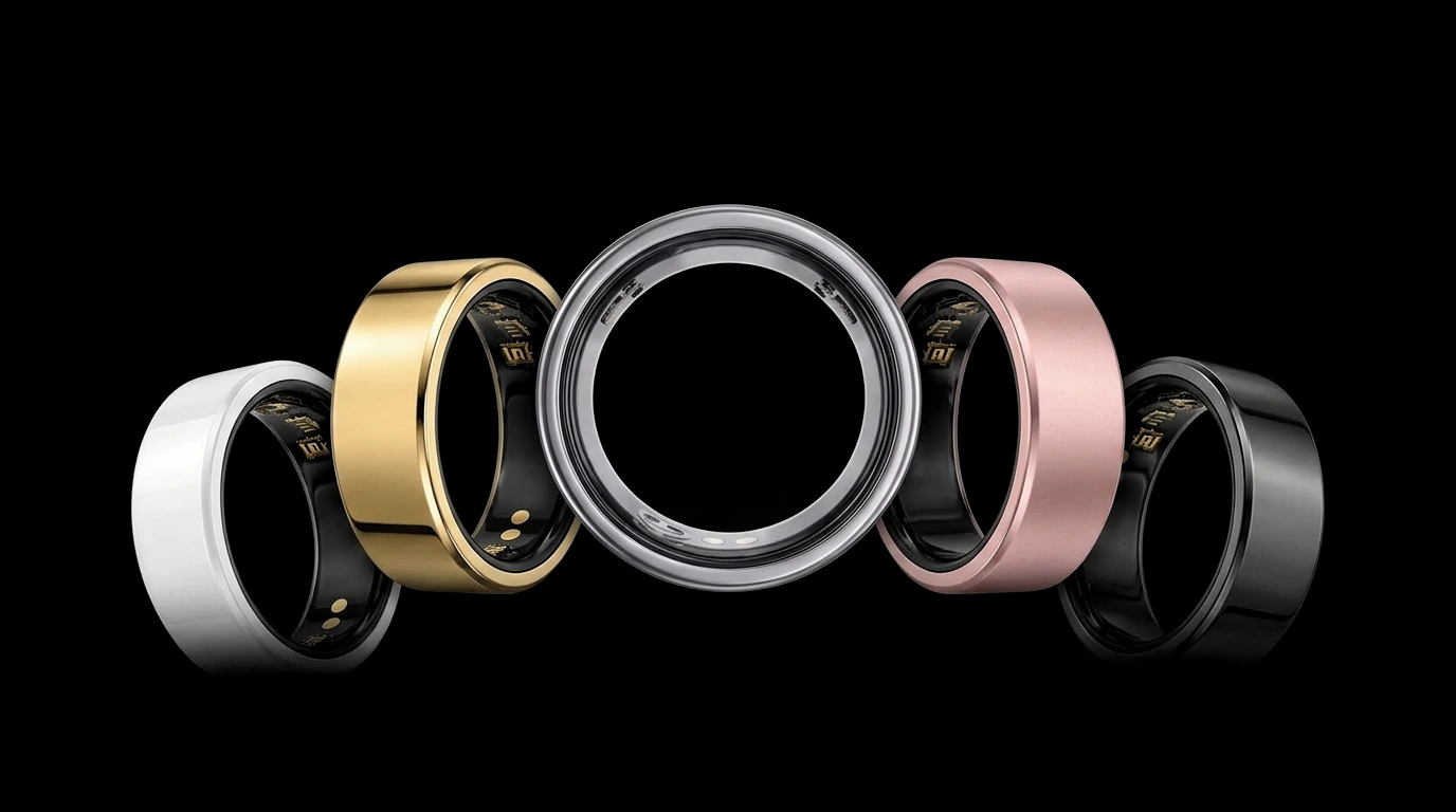 Siyah zeminde yay biçiminde dizilmiş beş PhenomeTech Ring: Ceramic White, Metallic Gold, ortada öne bakan Brushed Silver, Rose Matte ve Metallic Black