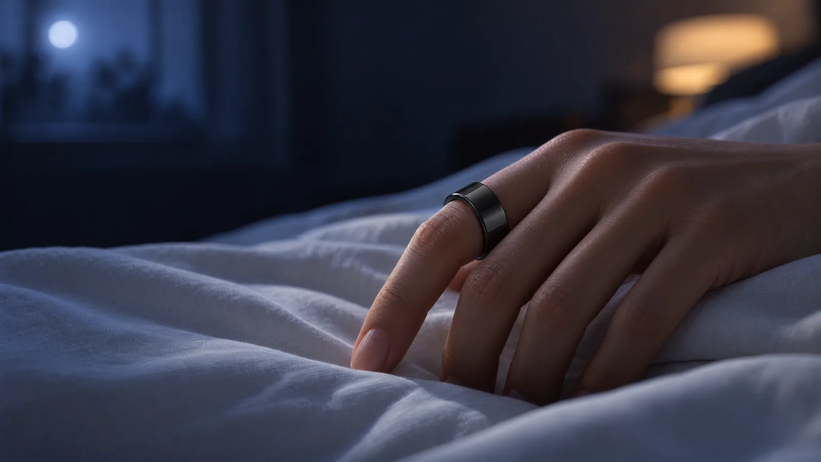 The PhenomeTech Ring on a hand resting on a bed at night