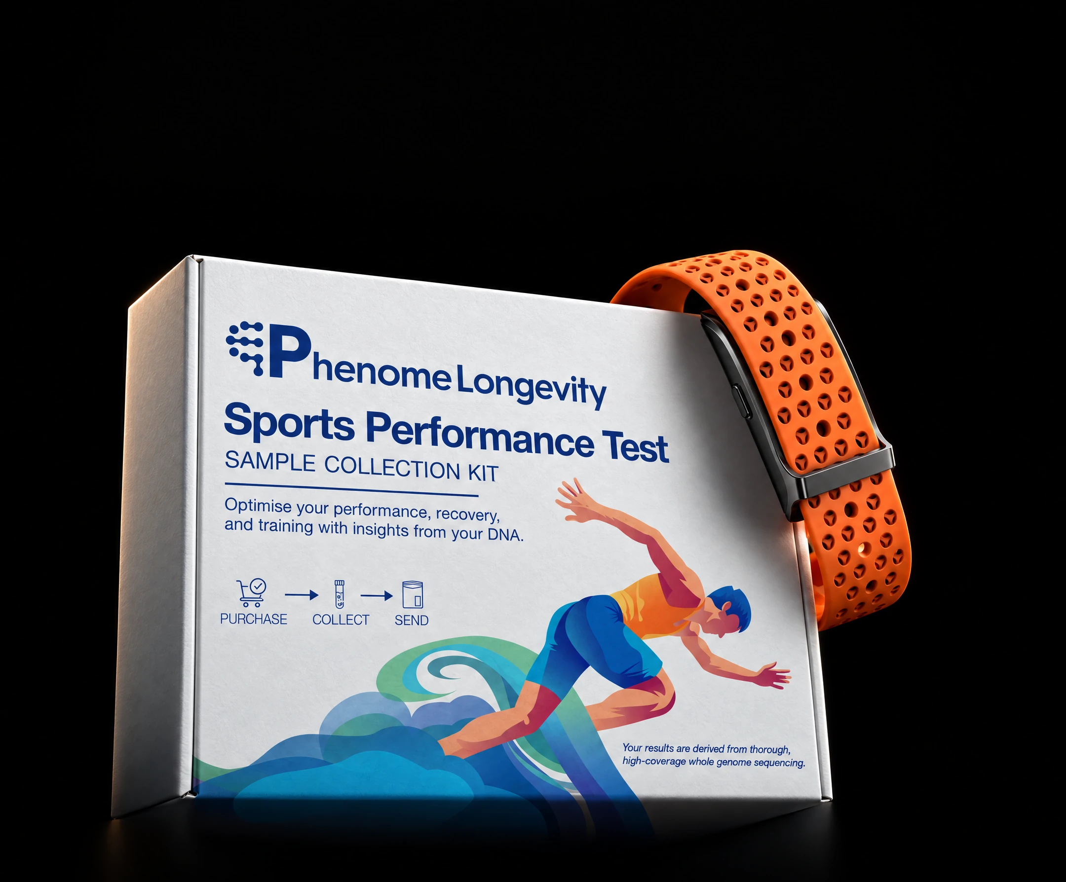 Üzerine PhenomeTech Band’in turuncu Ember kayışı geçirilmiş Sportif Performans Testi, siyah zeminde
