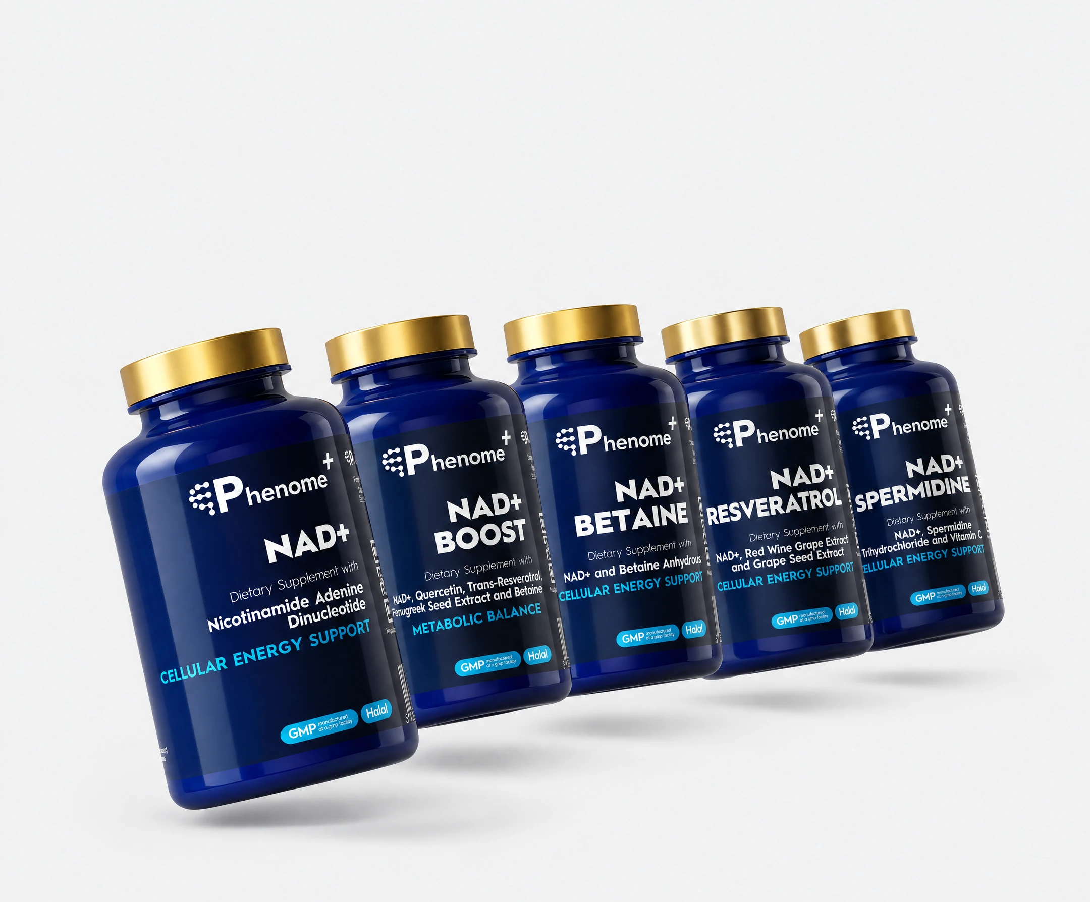 Yay biçiminde açılmış beş Phenome+ şişesi: NAD+, NAD+ Boost, NAD+ Betaine, Resveratrol ve NAD+ Spermidine