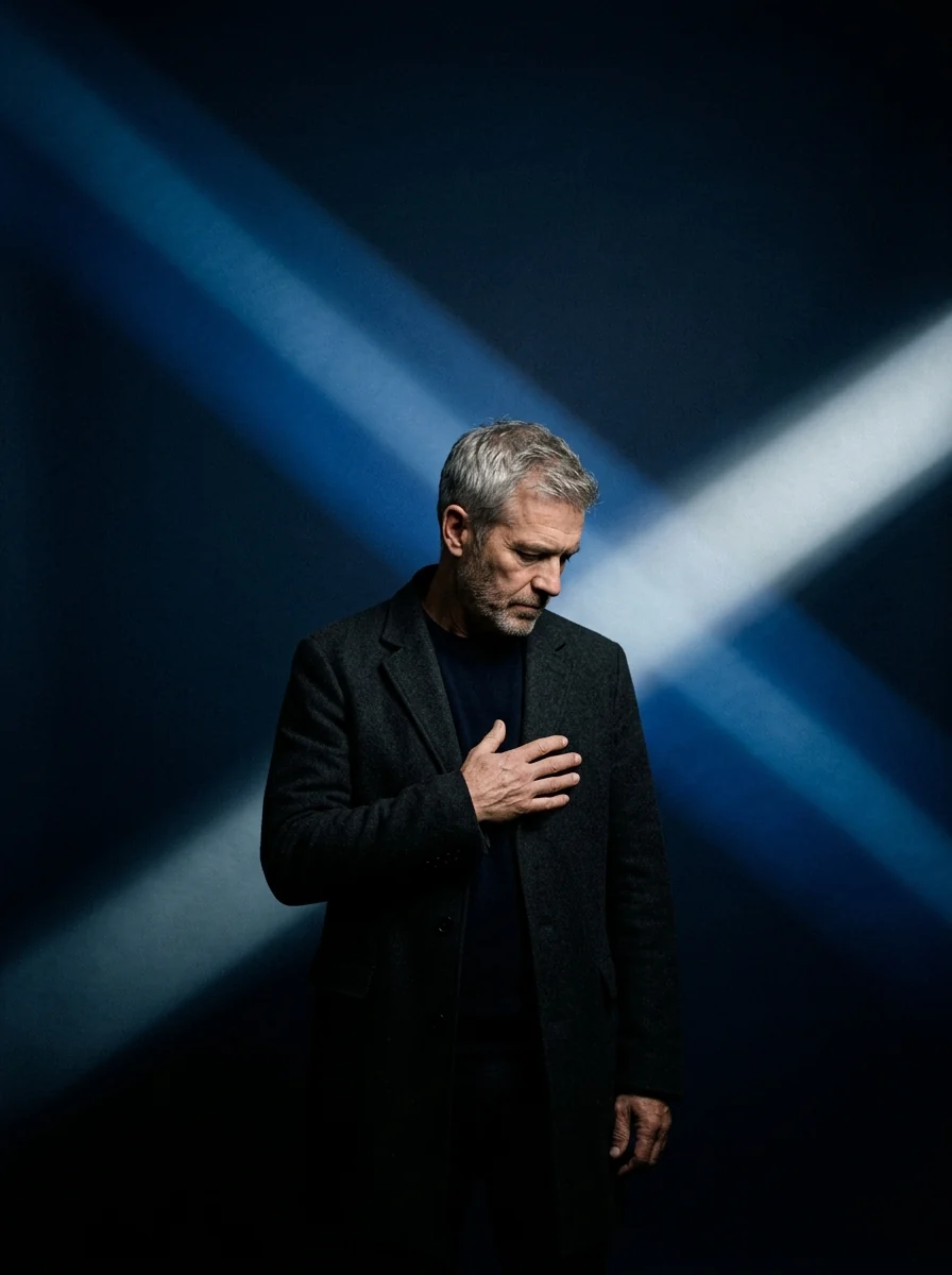 A man with one hand over his heart in beams of blue light