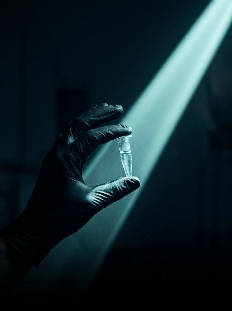 A gloved hand holding a sample tube up into a beam of cyan light