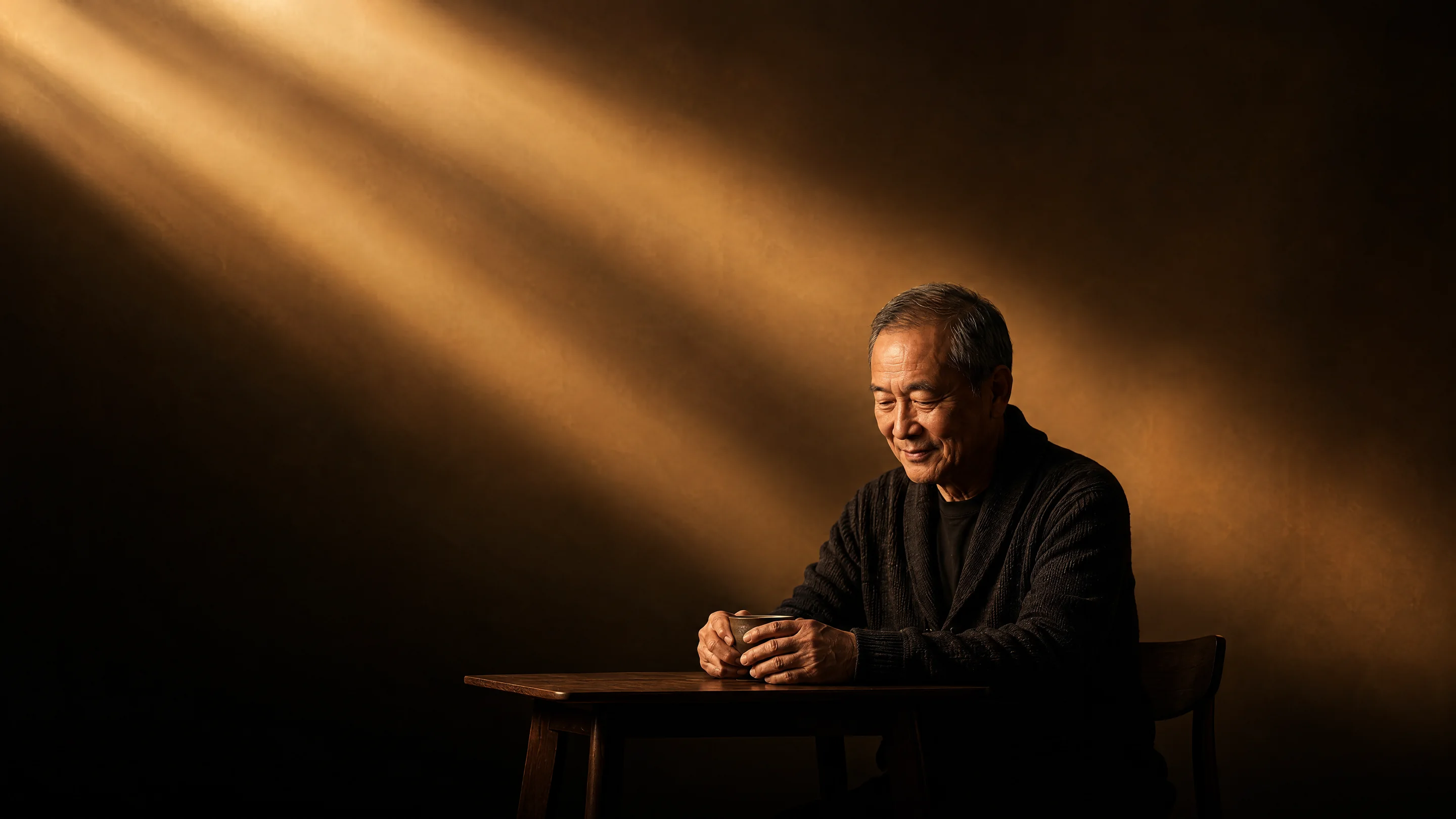 An older man at a small table, holding a cup of tea in beams of amber light