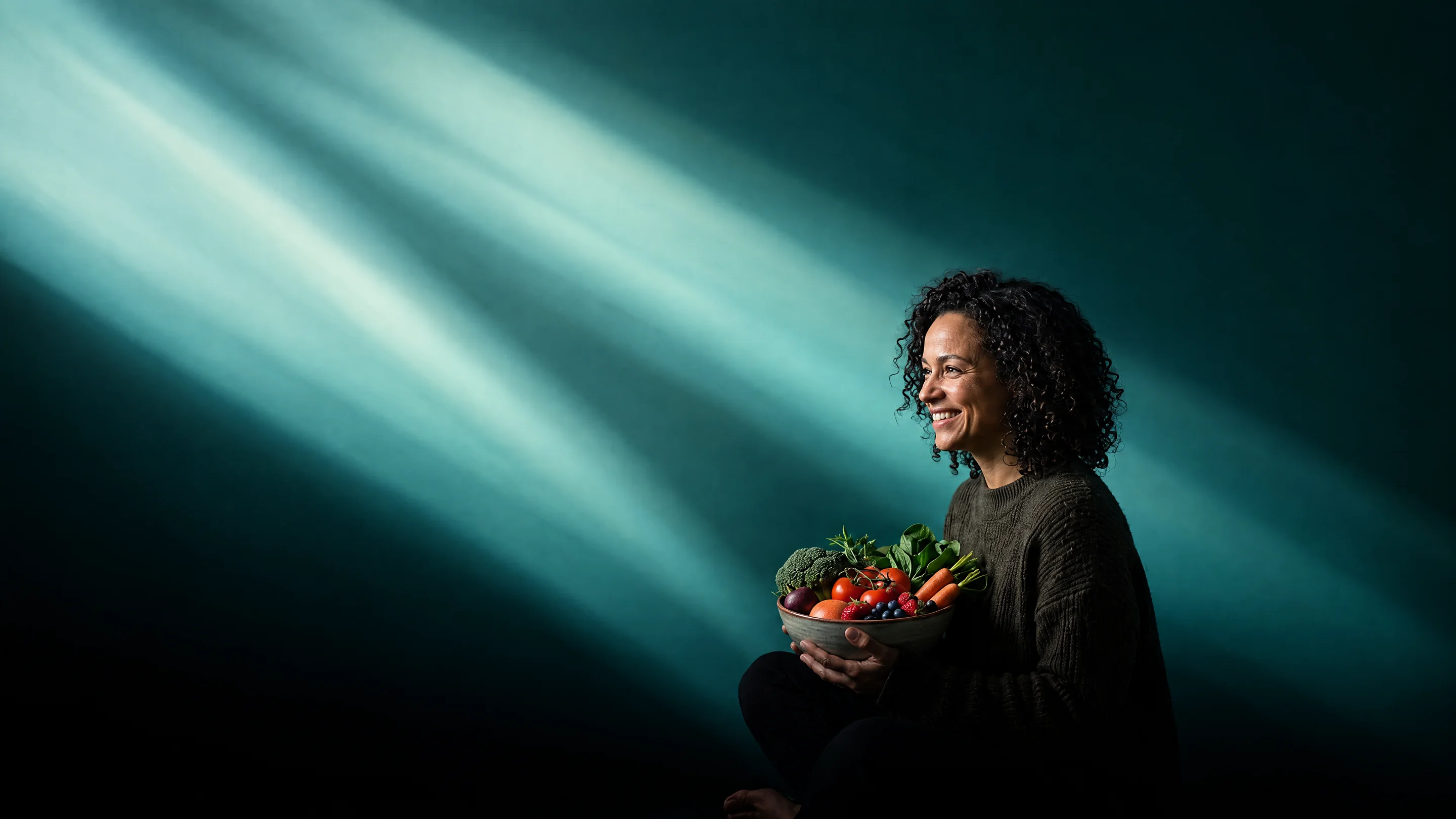 A woman holding a bowl of fresh vegetables and fruit, smiling in beams of teal light