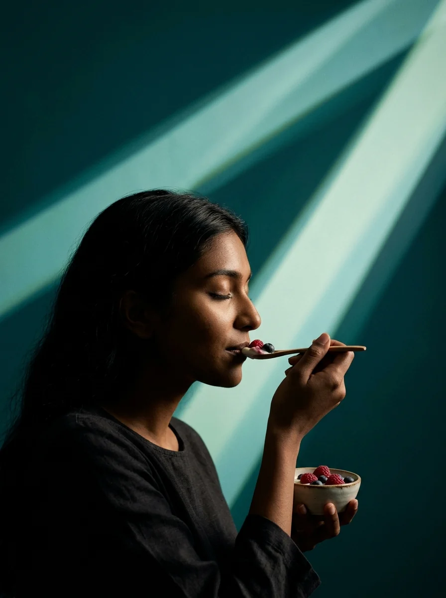A woman with her eyes closed, eating yoghurt and berries in beams of teal light