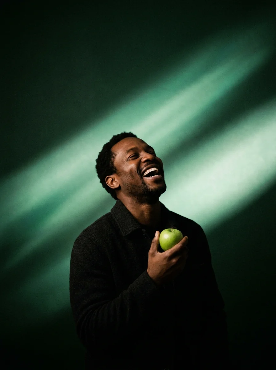 A man laughing with his head tilted back, holding a green apple in beams of green light