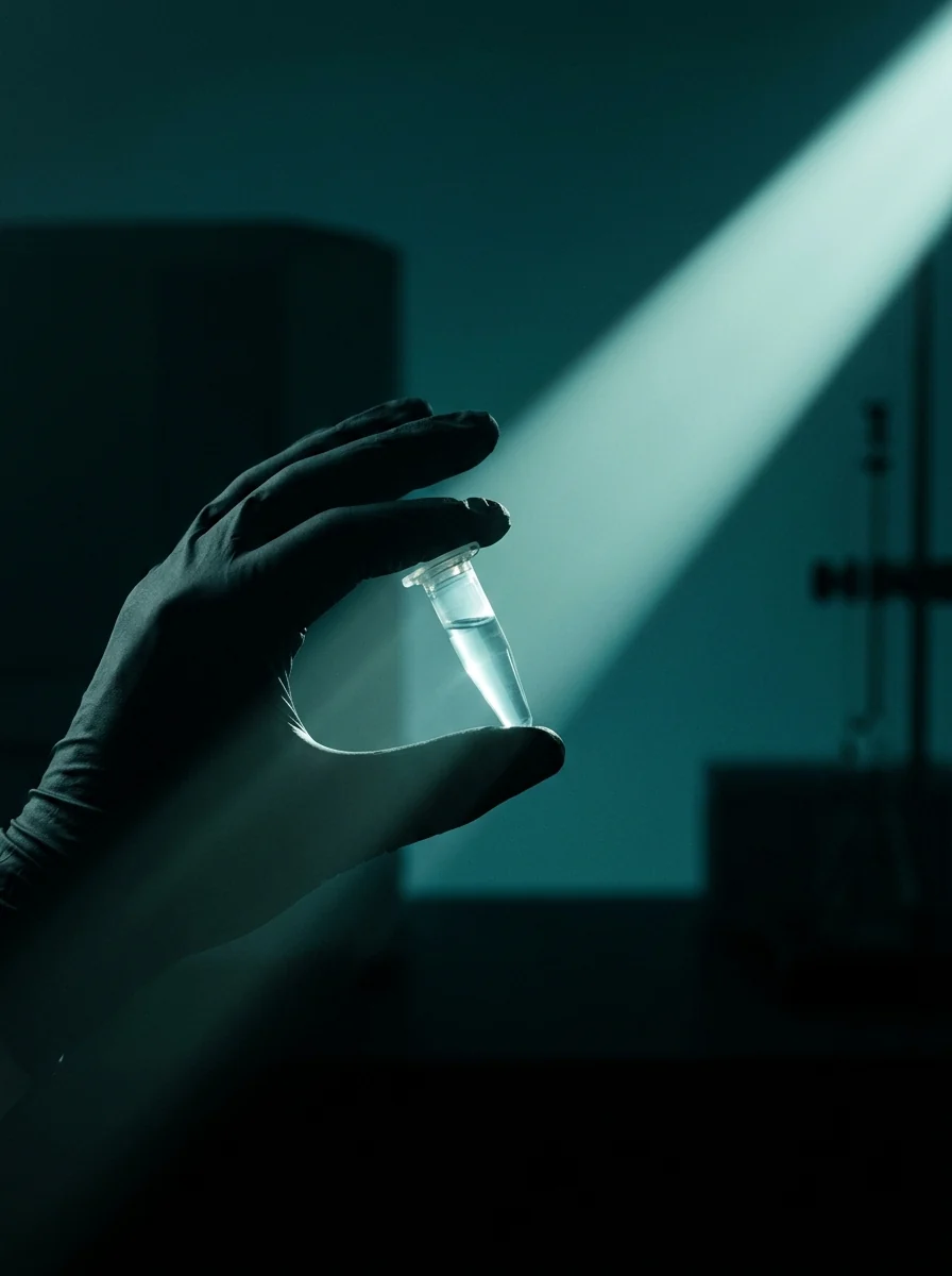 A gloved hand holding a sample tube up into a beam of teal light