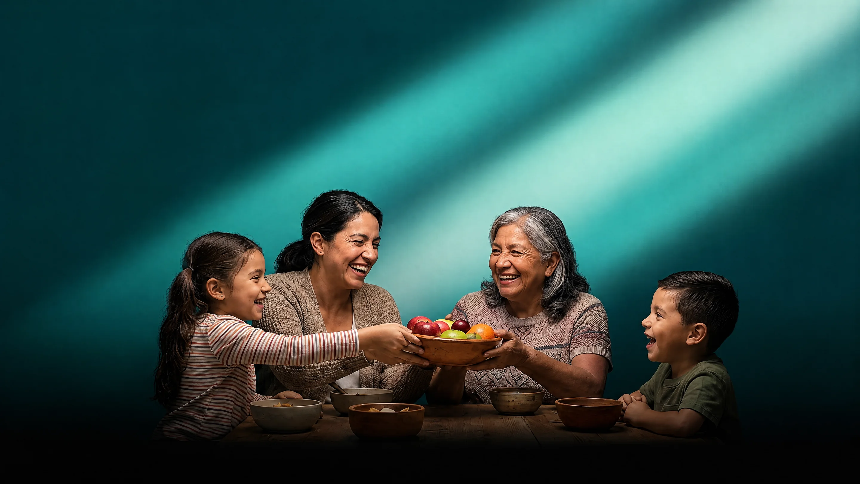 A grandmother, her daughter and two children laughing as they pass a bowl of fruit in beams of teal light