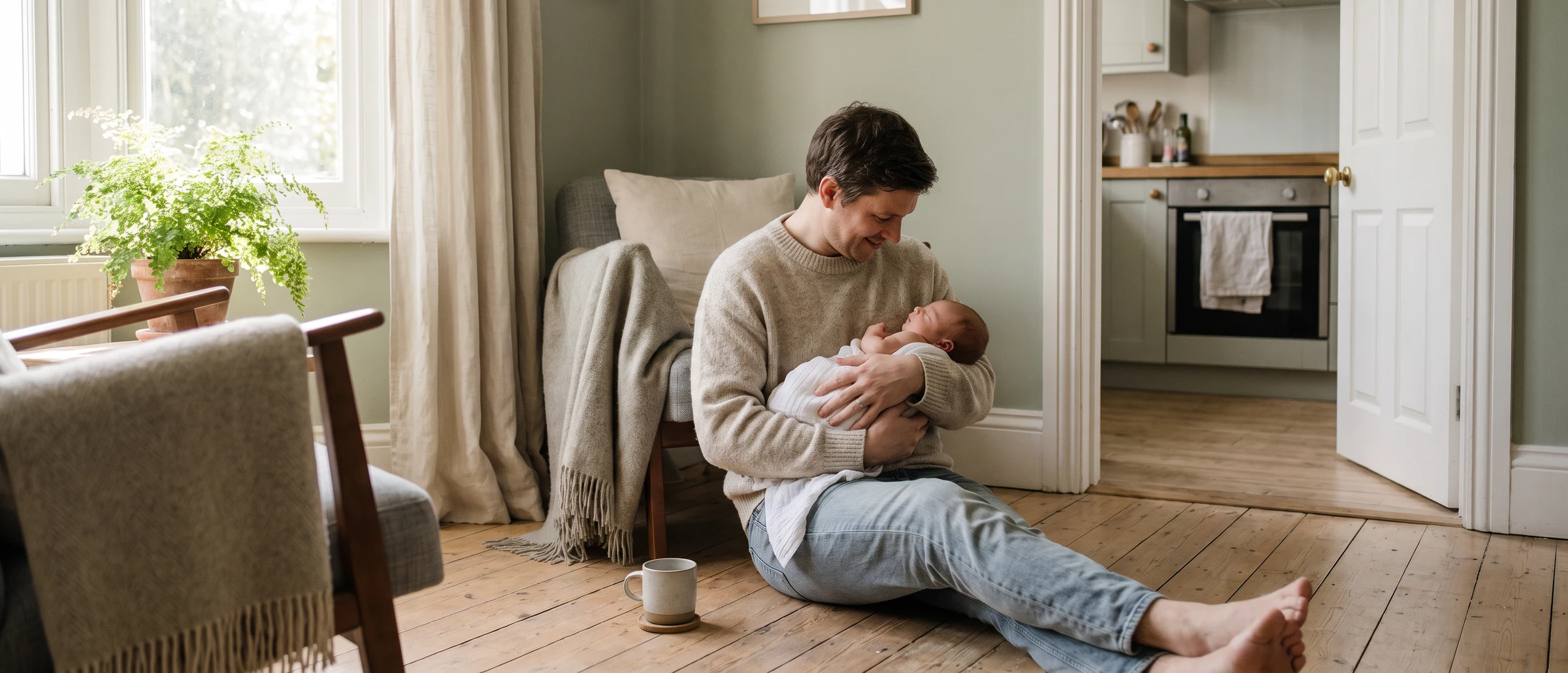 A father sitting on the floor at home, holding his baby