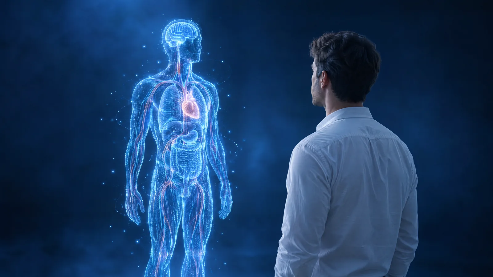 A man facing his Digital Twin, a figure of blue light with the heart, brain and organs inside
