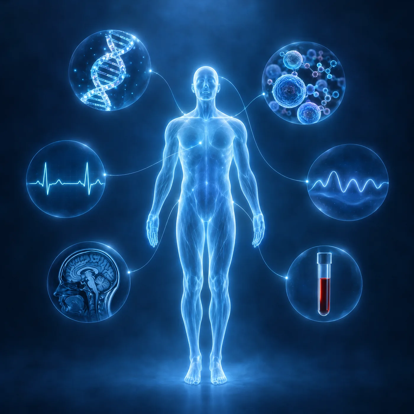 A figure of blue light joined to its layers: DNA, cells, heartbeat, sleep, a brain scan and a blood sample