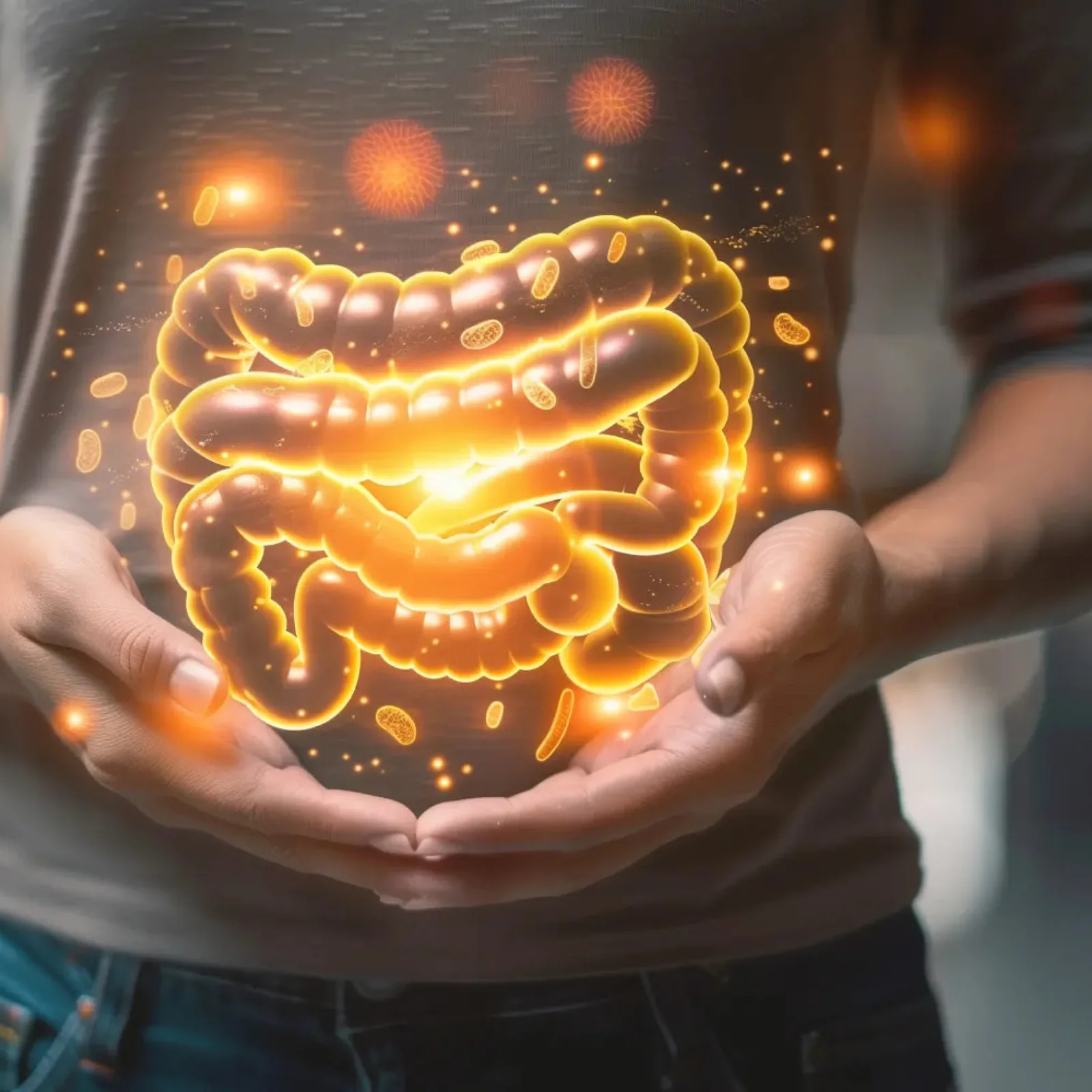 Two hands held over the stomach, the gut drawn glowing over it