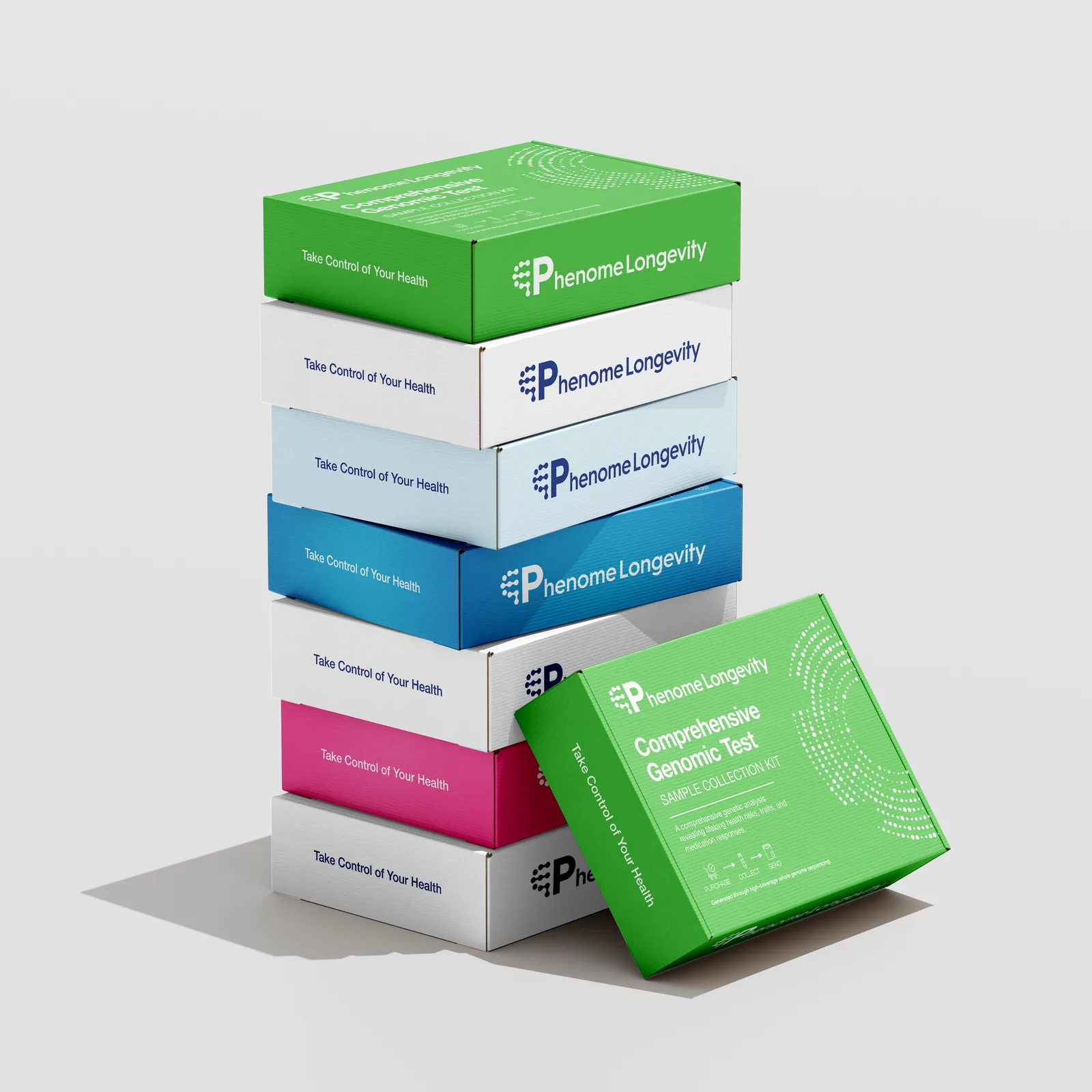 A stack of Phenome Longevity test kits