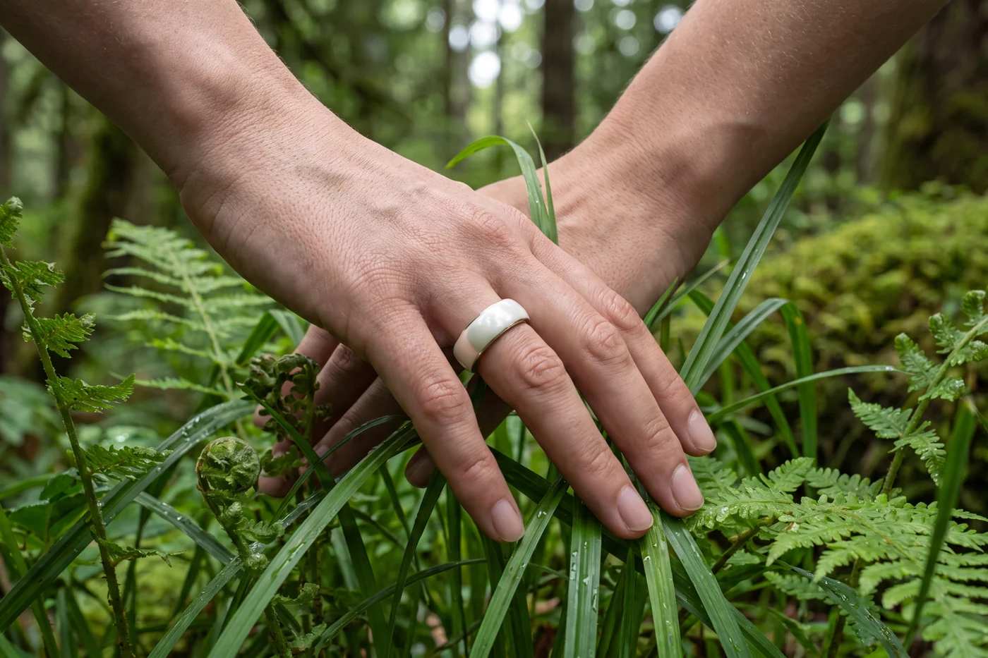Two hands resting on ferns, a plain wide band on one finger