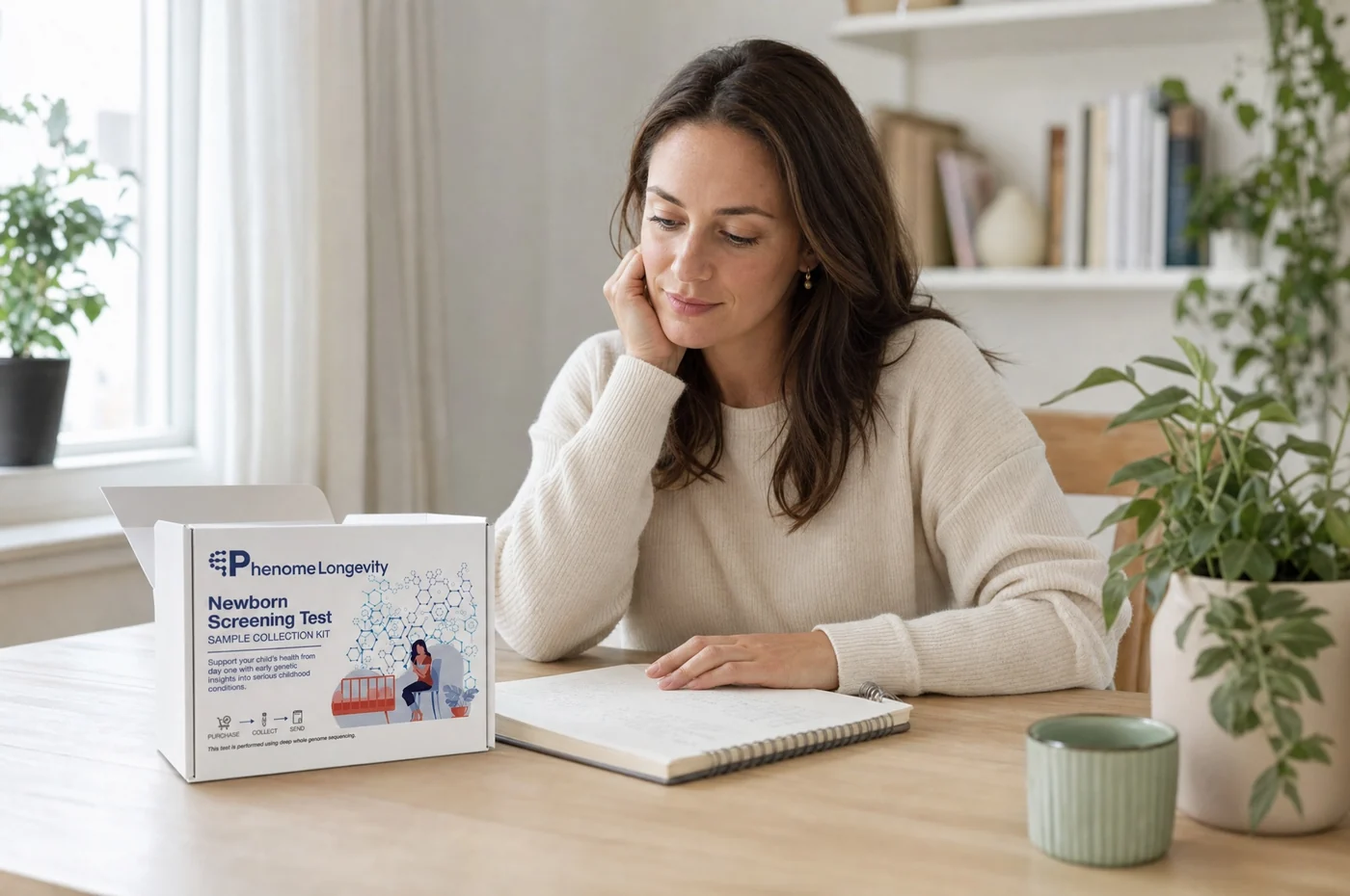 Five Phenome sample collection kits together, Gut Microbiome, Oral Microbiome, Comprehensive Genomic, Carrier Screening and Newborn Screening, each carton in its own colour