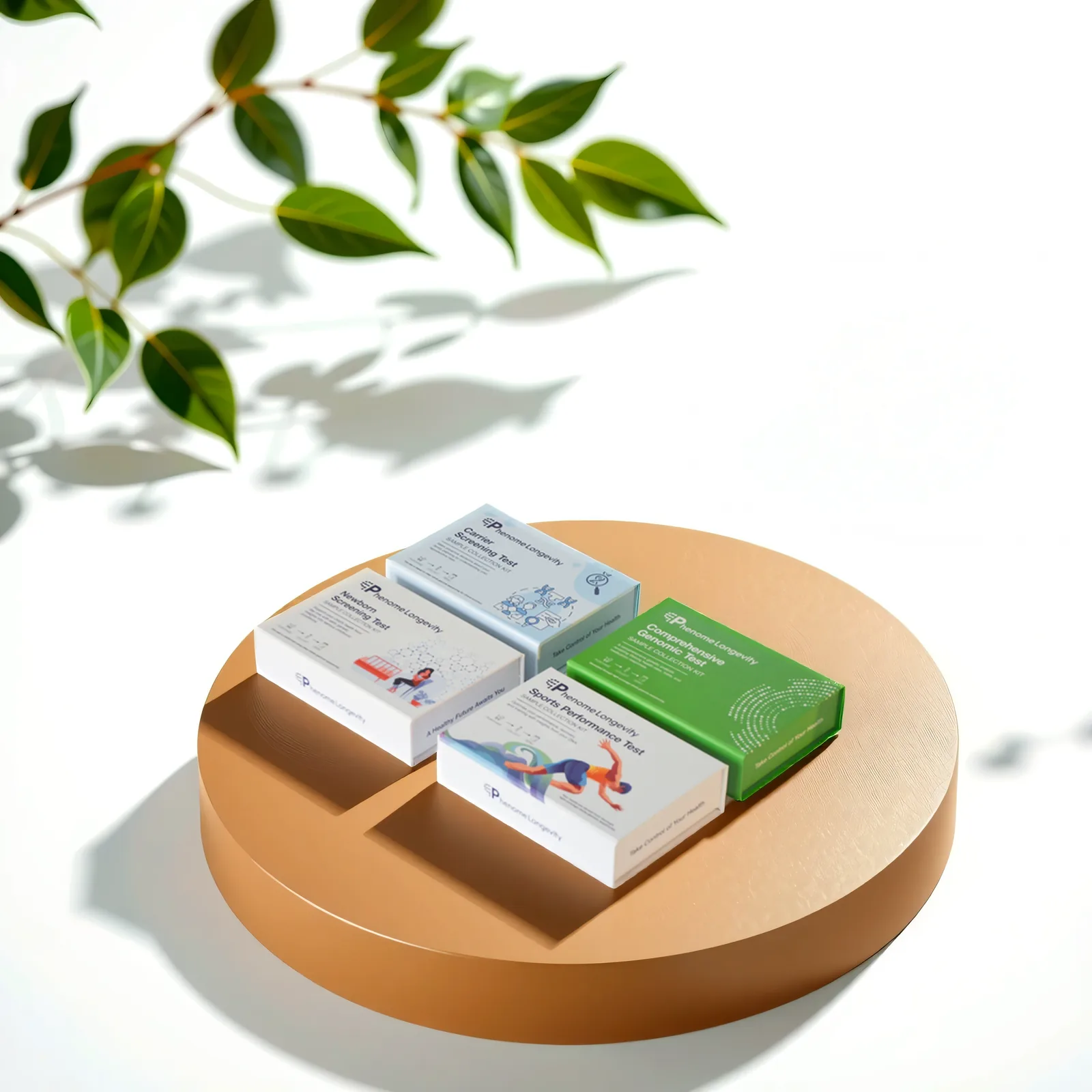 Phenome Longevity test kits on a wooden plinth