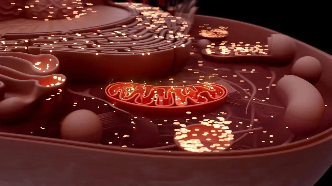 The interior of a cell, with mitochondria among the organelles