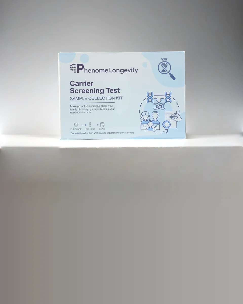 The Carrier Screening Test kit standing in a grey studio