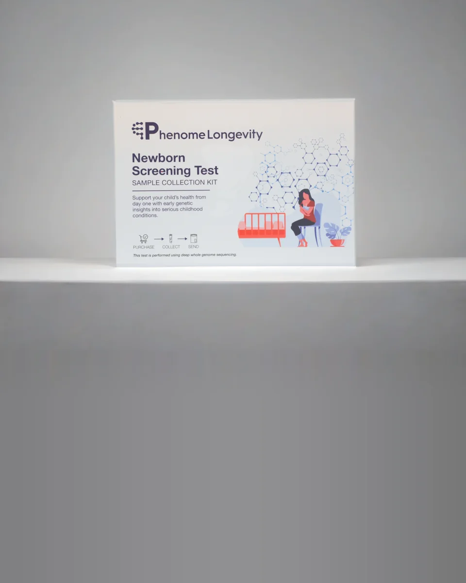 The Newborn Screening Test kit standing in a grey studio