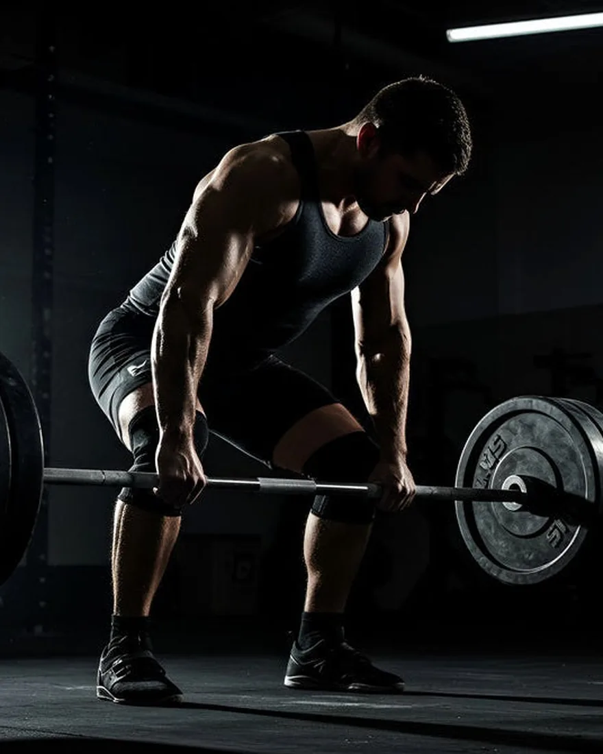 An athlete lifting a barbell in a dark gym