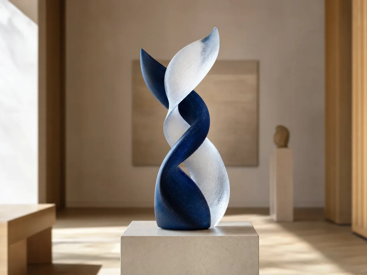 A navy and white double helix sculpture on a stone plinth in a quiet room