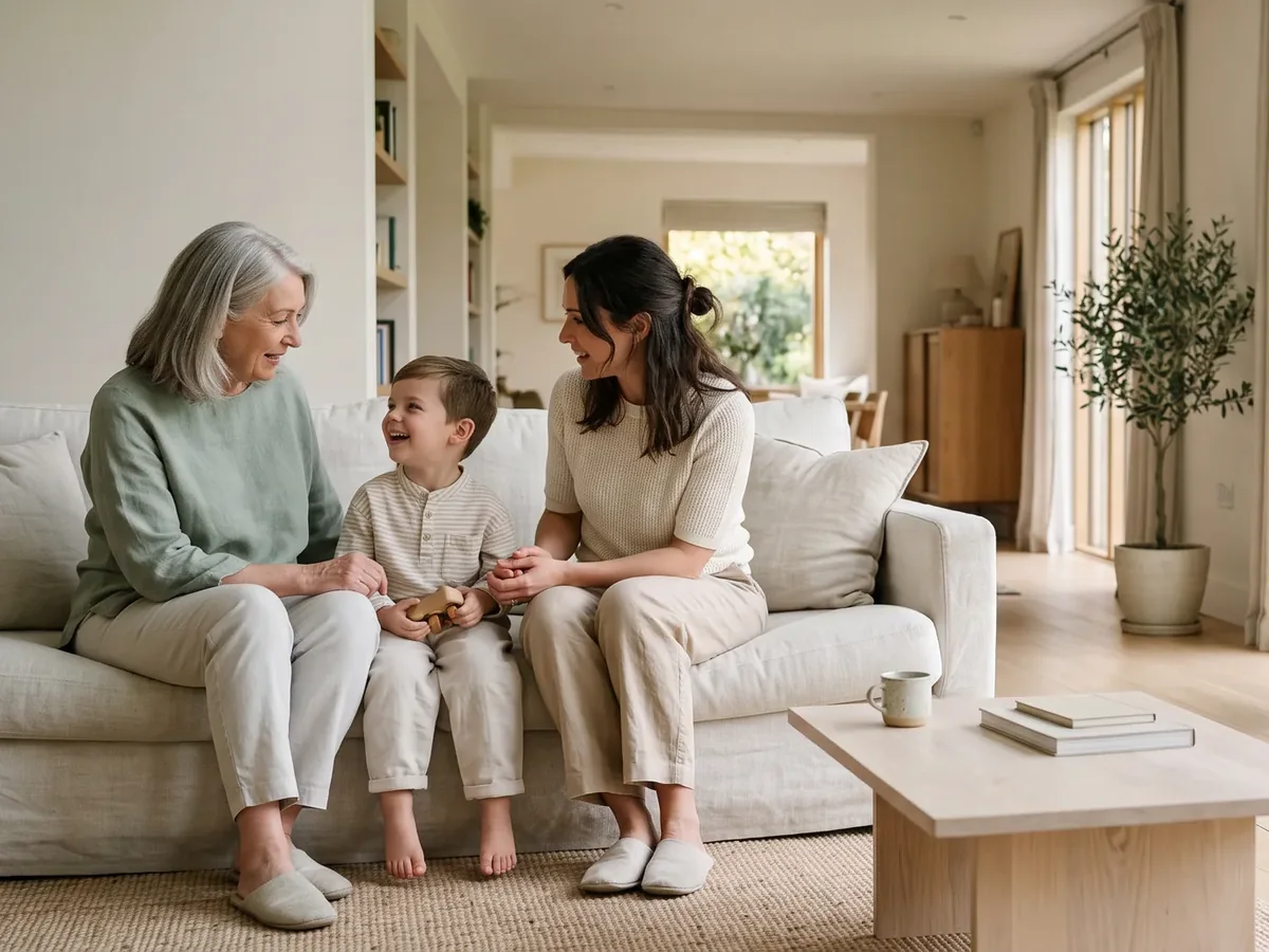 A grandmother, a mother and a young boy laughing together on a sofa