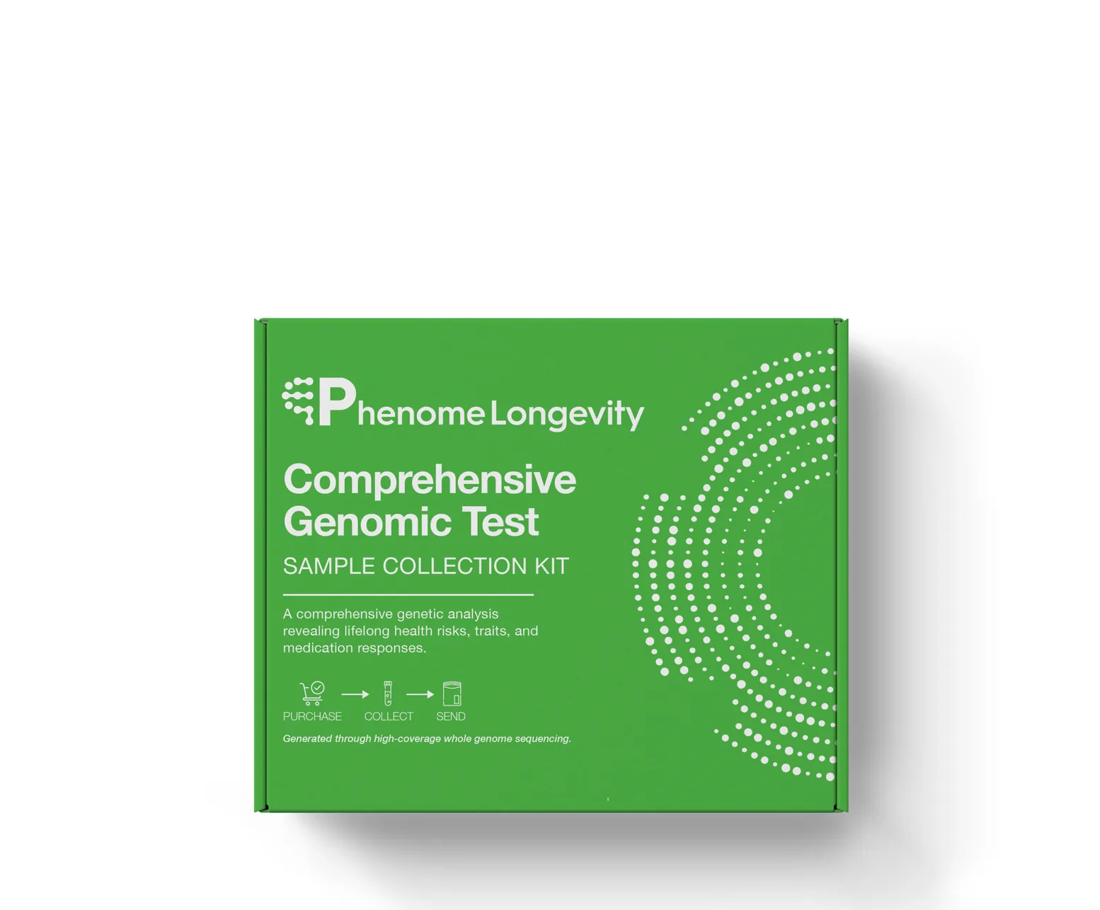 The green Comprehensive Genomic Test box from a low angle, falling away into black