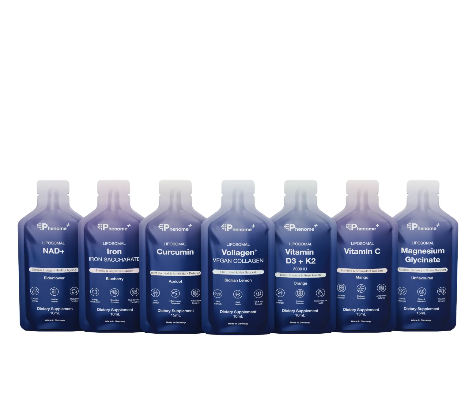 Five Phenome+ bottles fanned in an arc: NAD+, NAD+ Boost, NAD+ Betaine, Resveratrol and NAD+ Spermidine